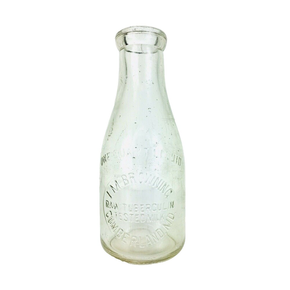 1925 IM Browning One Quart Glass Milk Bottle Raw Tuberculin Tested Cumberland MD